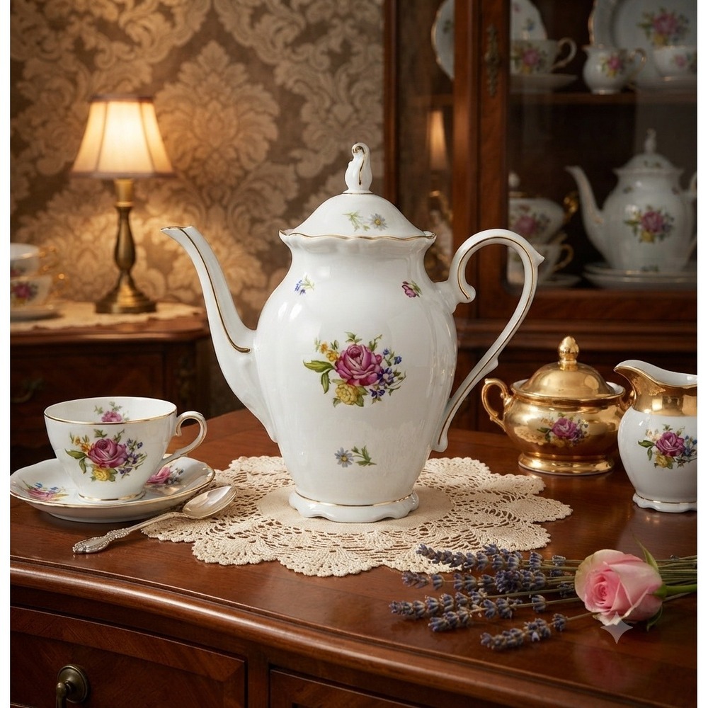 Schumann Arzberg Bavaria Germany Porcelain Coffee Pot Floral Rose Gold Trim 11in